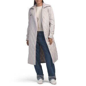 REBECCA MINKOFF stone Long Belted Quilted Trench Coat
